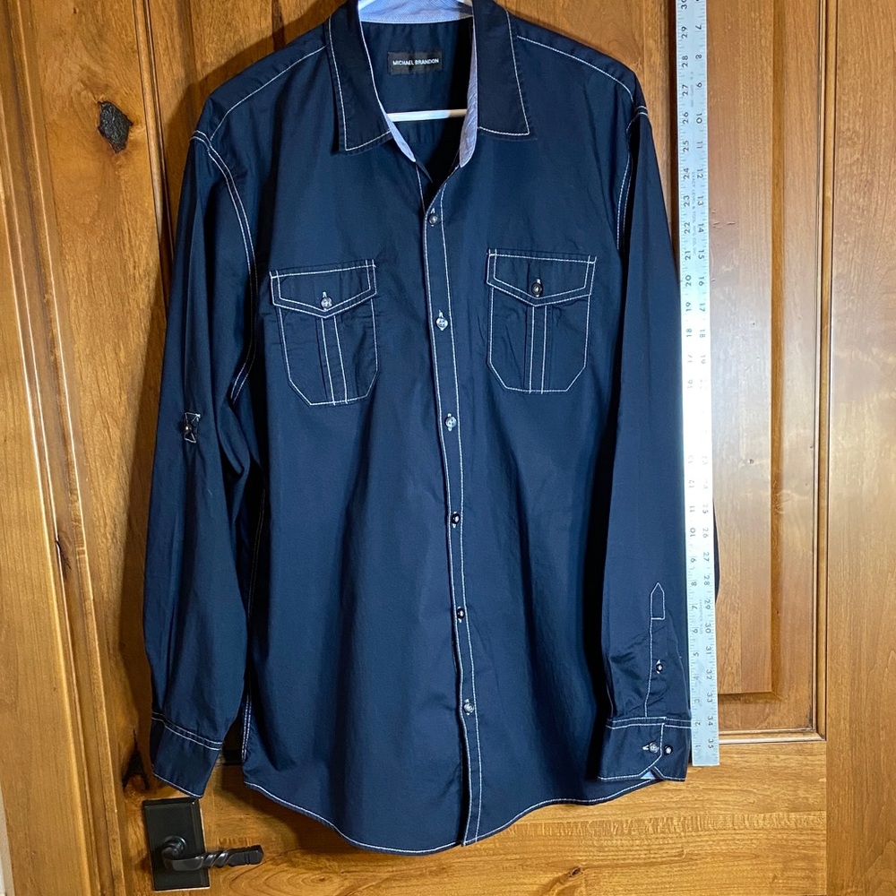 Michael Brandon Dark Blue Casual Button Up Shirt, Long Sleeve, Size XL